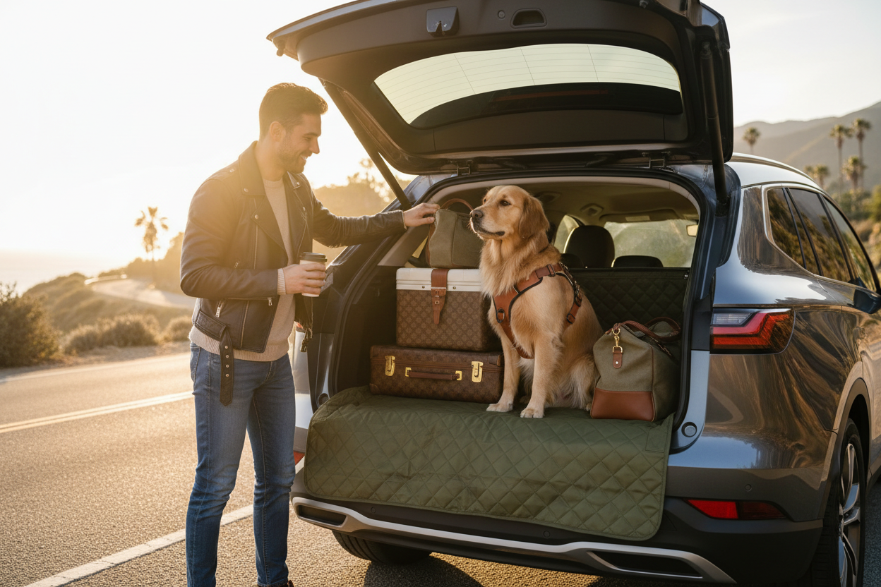 Couple loading SUV for road trip with dog