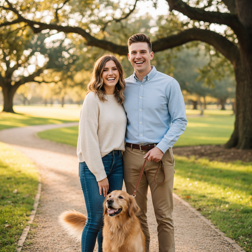 Couple with dog outdoors